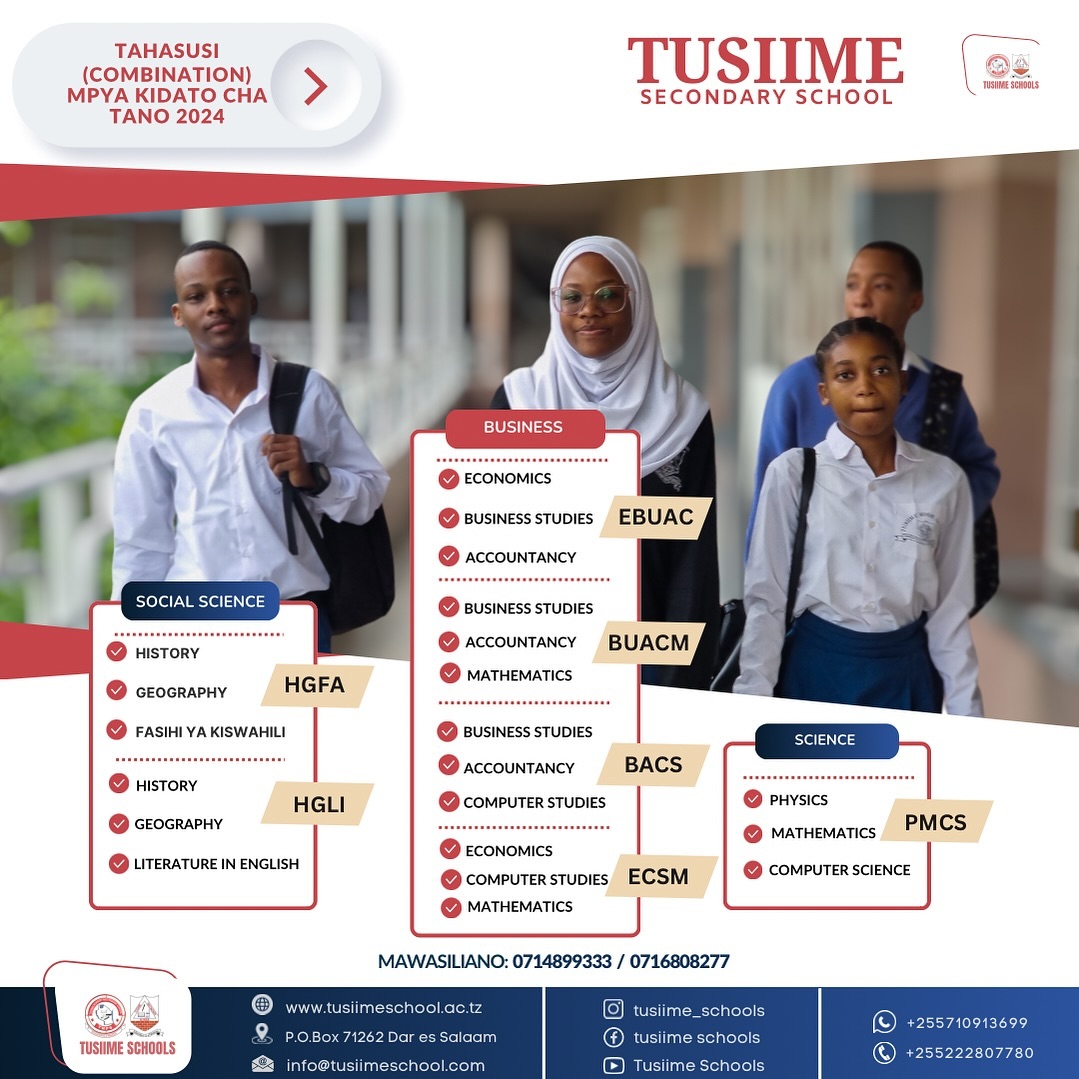 Tusiime Secondary tayari imeongeza Tahasusi(Combinations) mpya kwa ajiri ya kidato cha tano 2024. Walimu mahiri na wa kutosha wapo kwa kila somo kama ilivyo desturi yetu

#Tusiime#FormFive2024#NewCombinations#Alevel2024#Karibunisana##tusiimeschools #tusiimesecondaryschool